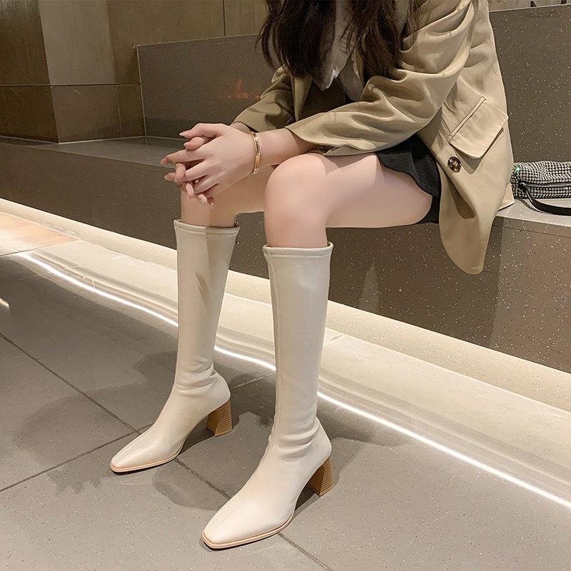 Bốt đùi nữ gót giả vân gỗ 7 phân