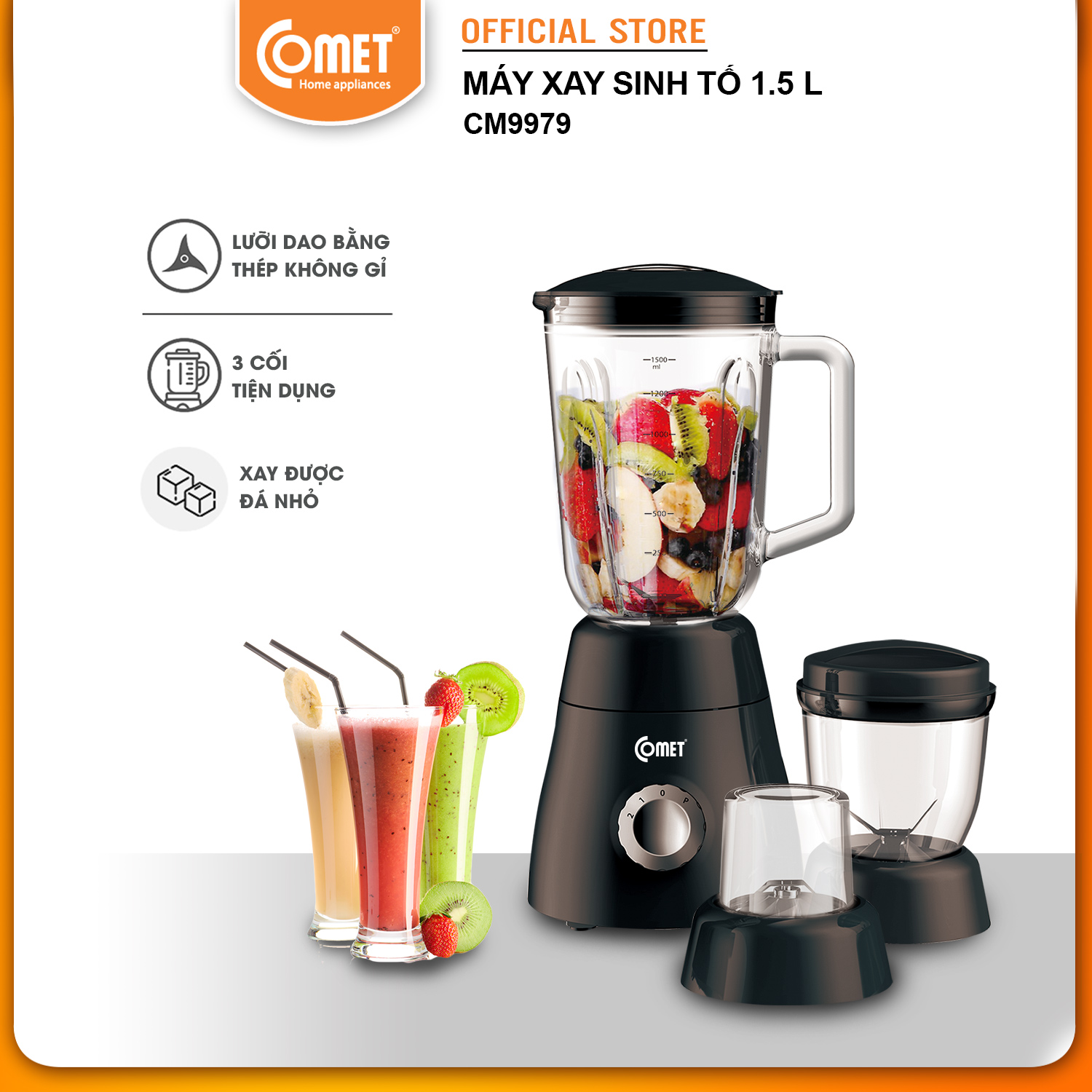 Máy xay sinh tố Comet CM9979 – 3 cối thủy tinh và nhựa cao cấp, công suất 450W – Xay sinh tố, thịt, hạt – Dung tích 1.5L – Hàng chính hãng, bảo hành 1 năm