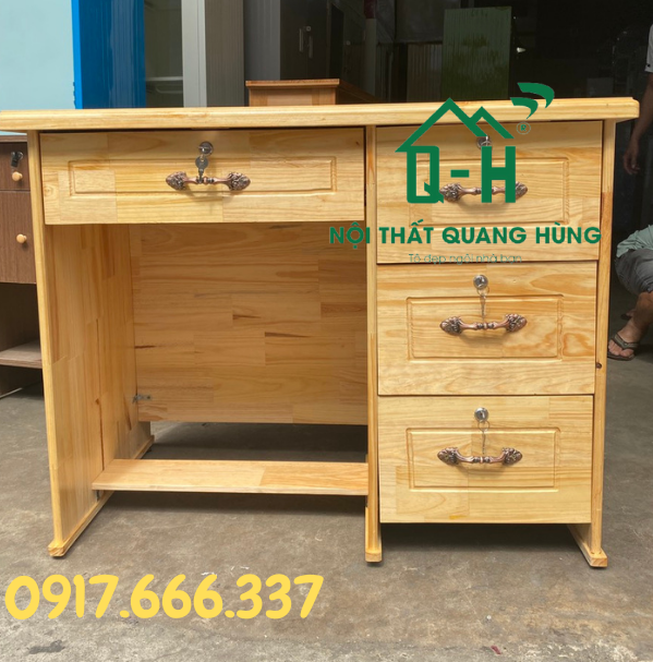 Bàn làm việc 4 ngăn kéo gỗ thông cao cấp màu vàng dành cho văn phòng