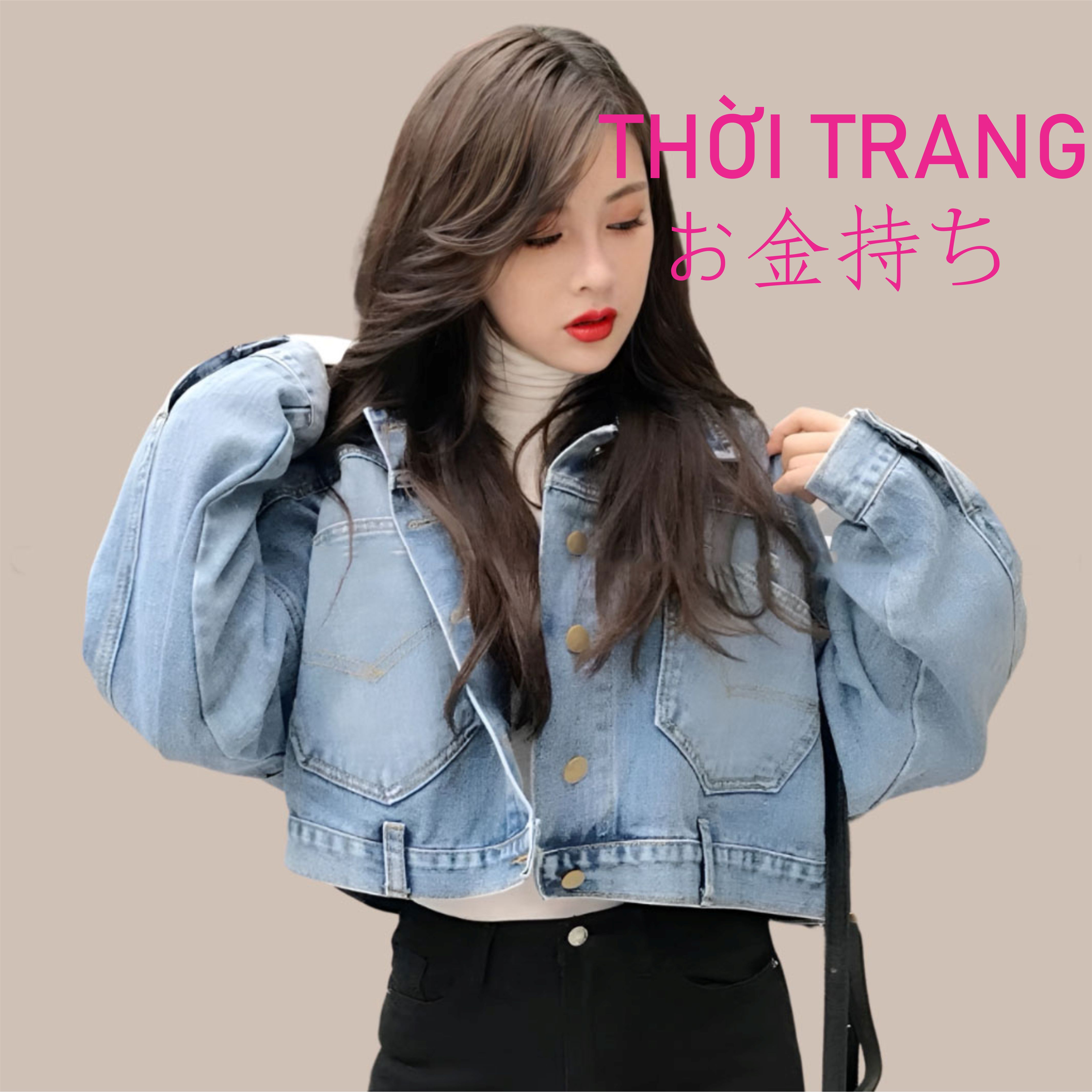 Áo khoác nữ jean おかねもち kiểu dáng trơn dài tay dáng croptop có khuy sau