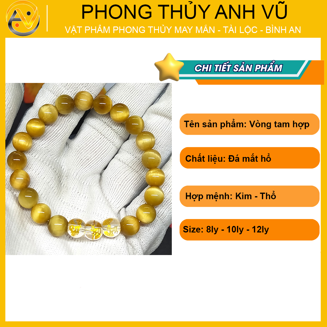 Vòng tay phong thủy nam hợi mão mùi đã khai quang - chất liệu mắt hổ vàng nâu tự nhiên - size 8 10 12ly - may mắn tài lộc - Vòng Tam Hợp Anh Vũ