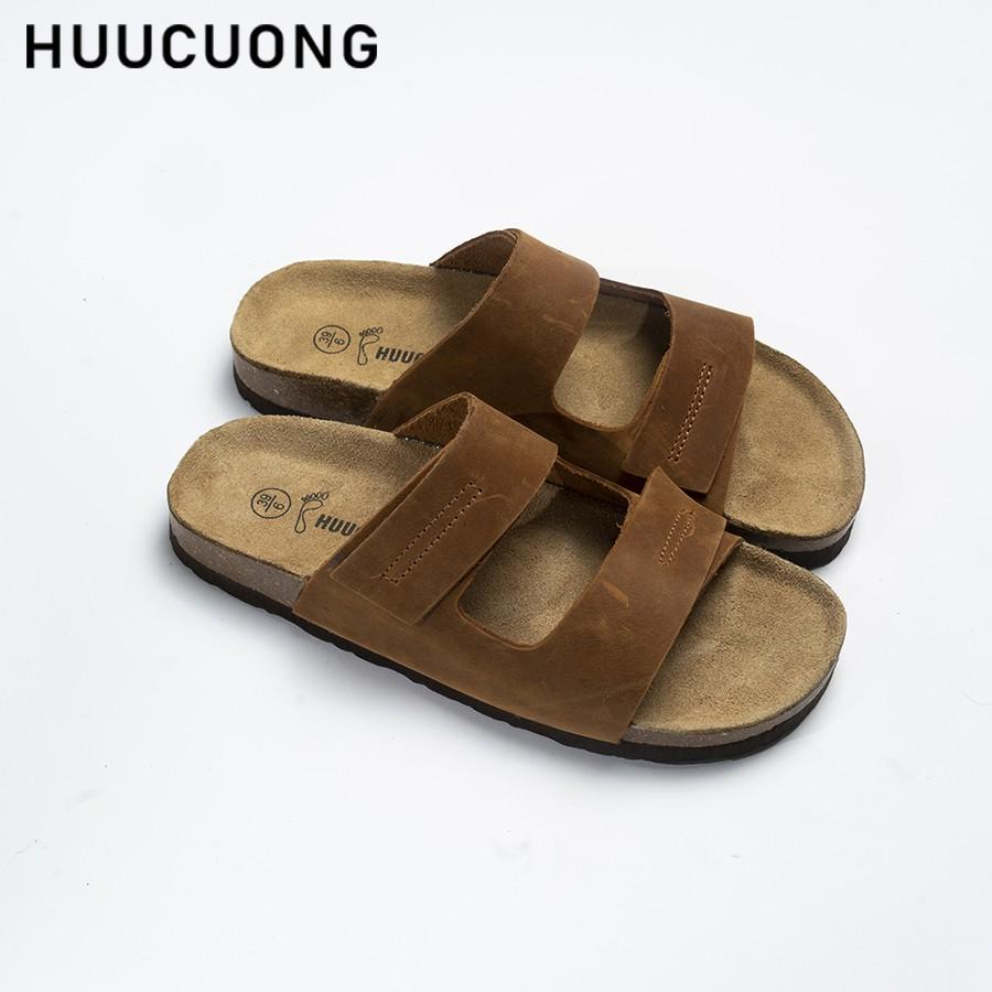 Dép nam Huucuong dập chỉ da bò nâu đế trấu handmade