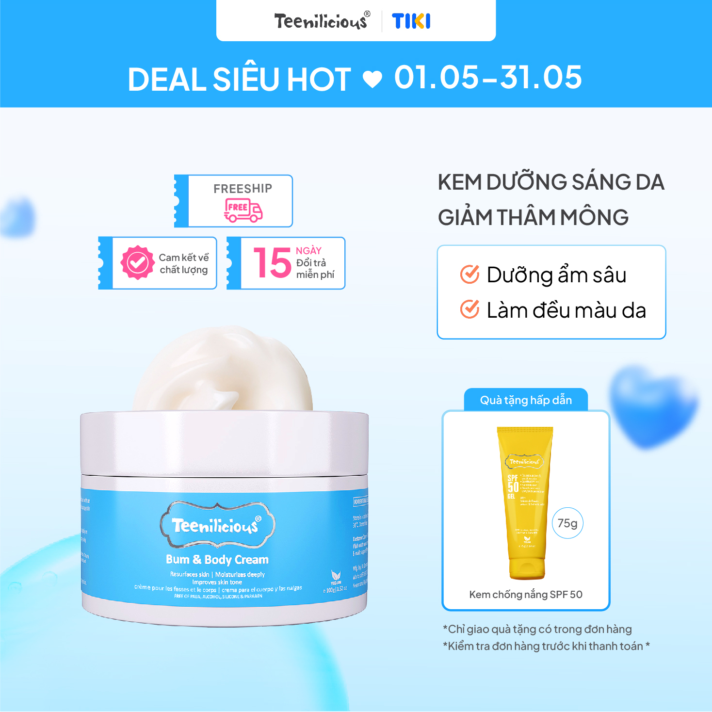 Kem Dưỡng Da Body, Hỗ Trợ Làm Sáng Da Vùng Mông Và Toàn Thân Teenilicious Bum &amp; Body Cream - 100g
