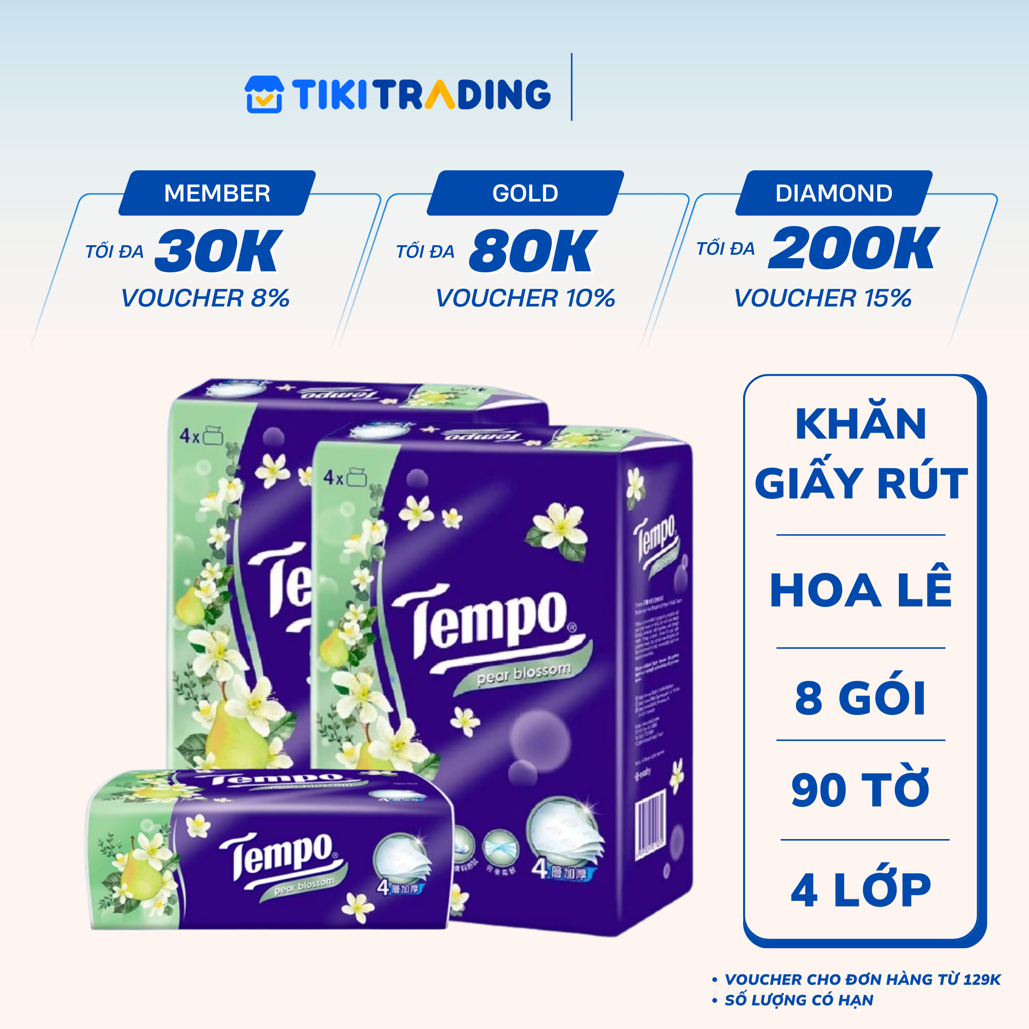 Combo 2 Lốc Khăn Giấy Gói Rút Tempo Hương Hoa Lê (Lốc 4 Gói)