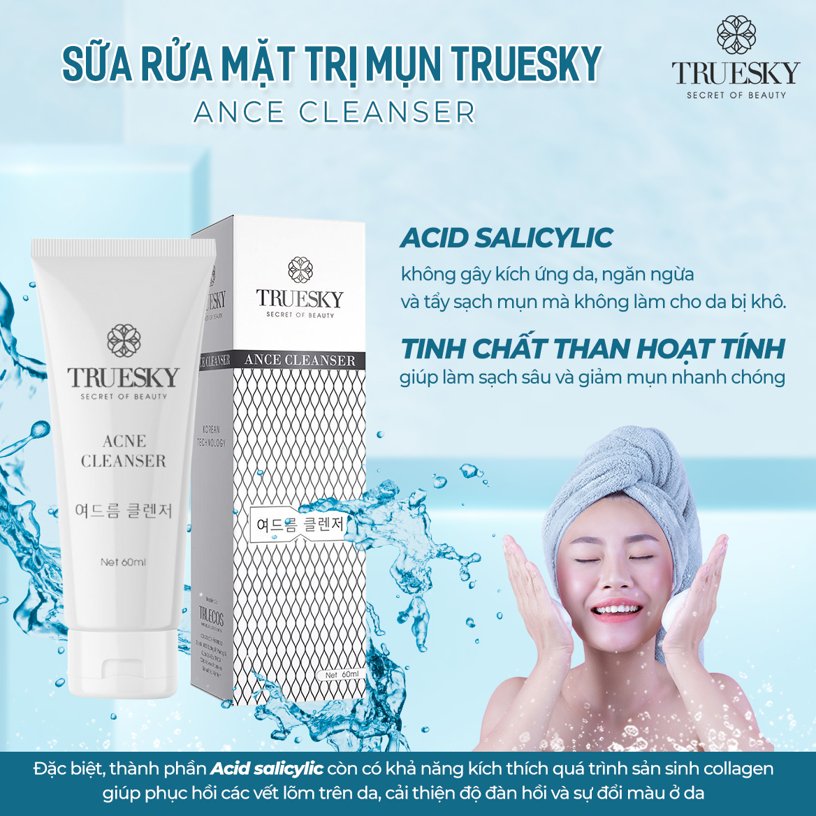 Bộ sản phẩm giảm mụn và dưỡng trắng da mặt Truesky gồm 1 sữa rửa mặt than hoạt tính 60ml &amp; 1 kem dưỡng trắng da mặt 10g