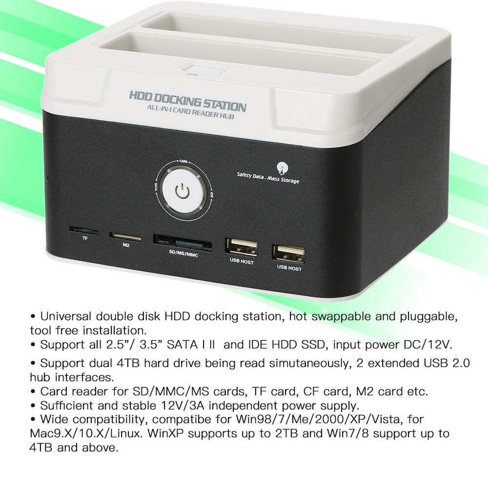 Ổ cứng gắn ngoài Đa chức năng 2,5 "/ 3,5" USB 2.0 sang SATA IDE Đầu đọc thẻ 2.0 Hub với OTB