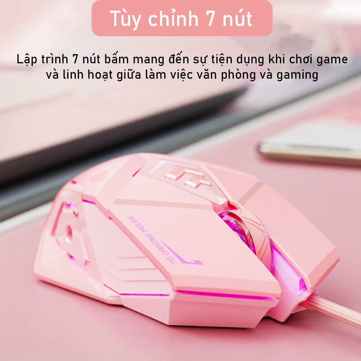 Chuột Máy Tính Màu Hồng Gaming SIDOTECH W5P Dòng Chuột Chơi Game Silent Tắt Tiếng Click Cho Streamer Gaming Esport Chế Độ Nhạy 4000 DPI, LED RGB Biến Đổi 7 Màu, Thiết Kế Công Thái Học, Chuột Gaming Máy Tính- Hàng Chính Hãng