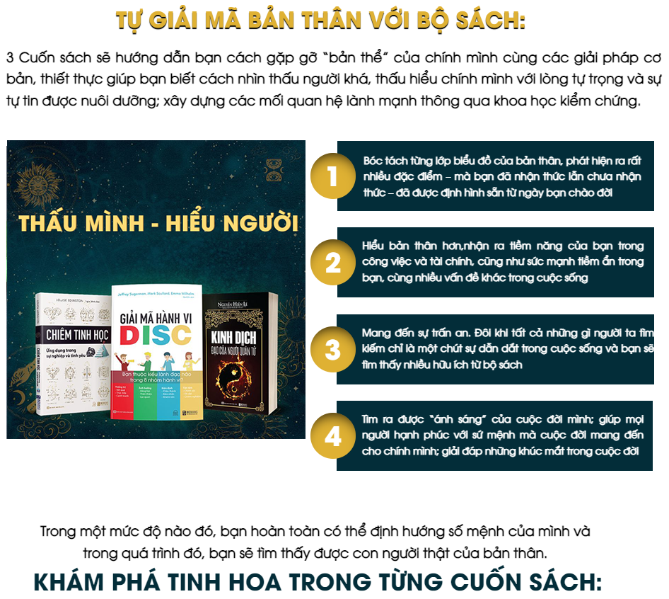 Bộ Sách Tự Giải Mã Bản Thân: Kinh Dịch Đạo Người Quân Tử, Chiêm Tinh Học Ứng Dụng Trong Sự Nghiệp, Tình Yêu Và Giải Mã Hành Vi Bạn Thuộc Kiểu Lãnh Đạo Nào Trong 8 Nhóm Hành Vi?