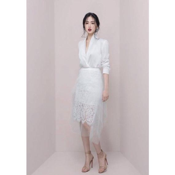 Set áo đầm váy phi mờ ren lưới mềm đen trắng tay dài cổ V công sở đi biển dự tiệc dạo phố bigsize cao cấp