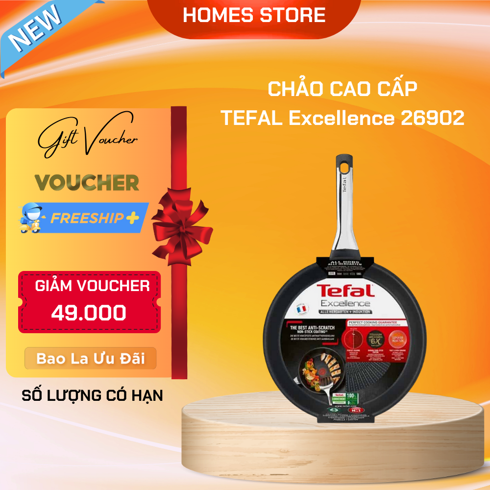 Chảo Chống Dính Không Kén Bếp TEFALExcellence G26902 Đường Kính 20Cm, Nhập Khẩu Đức, Phủ Titanium Excellence Bền Gấp 6 Lần Chảo Thường - Hàng Nhập Khẩu
