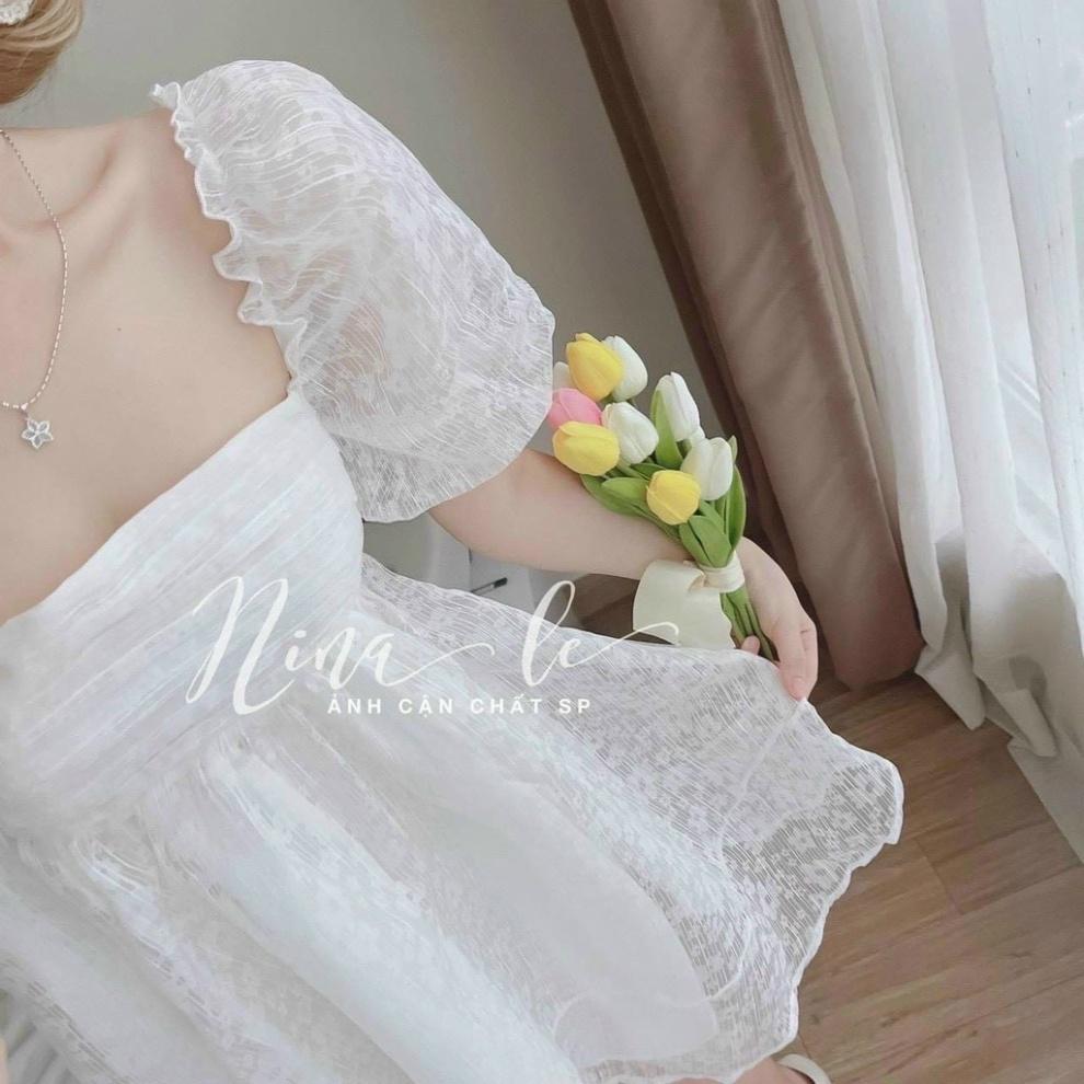 Đầm váy babydoll ren nổi lót lụa trắng cổ vuông hở lưng nơ lưng Ivy fashion đi biển dự tiệc dạo phố bigsize gợi cảm se