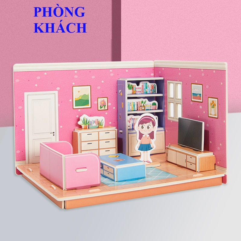 Đồ chơi cho bé gái, Combo 4 Mô hình lắp ghép phòng ngủ 3D, đồ chơi lắp ráp phát huy tính sáng tạo của trẻ