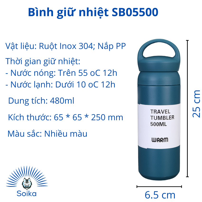 Bình Giữ Nhiệt SOIKA SB05500 Bằng Thép Không Gỉ Inox 304 500ml Nhiều Màu