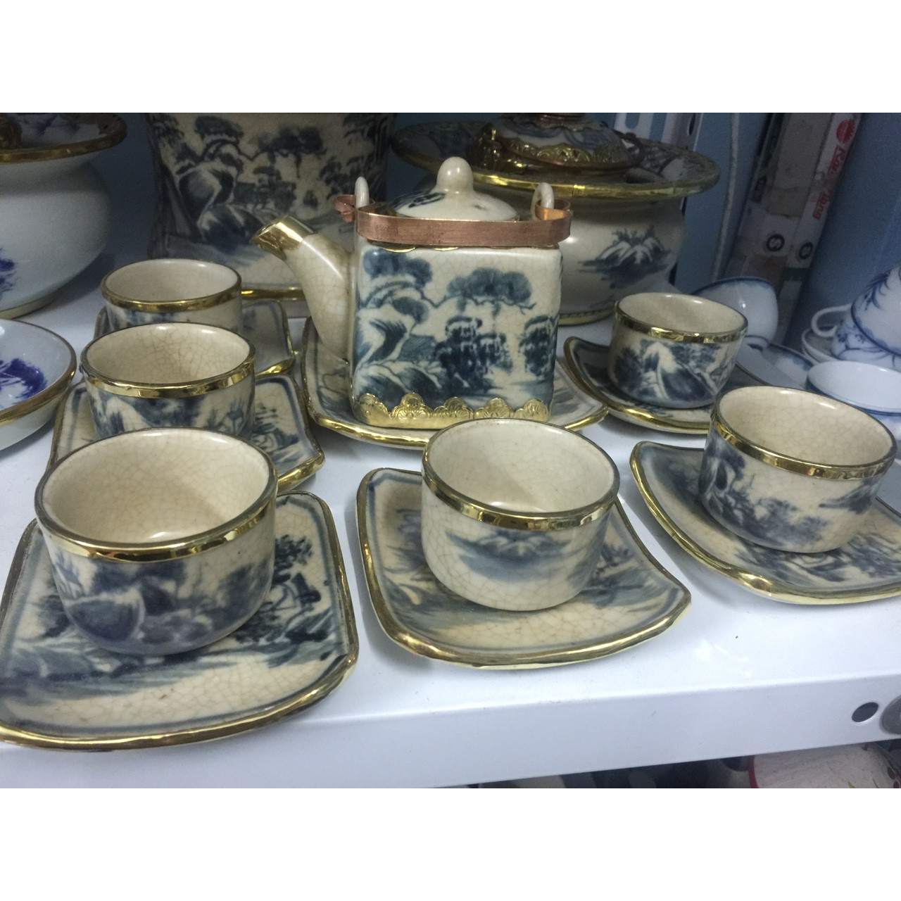 Bộ ấm chén men giả cổ bọc đồng Bát Tràng