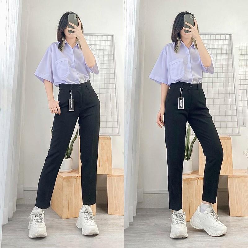Quần Baggy nữ chất vải tuyết mưa dày dặn màu Đen / Trắng / Xanh than - Kiểu dáng quần tây Baggy lưng cao cực dễ phối đồ