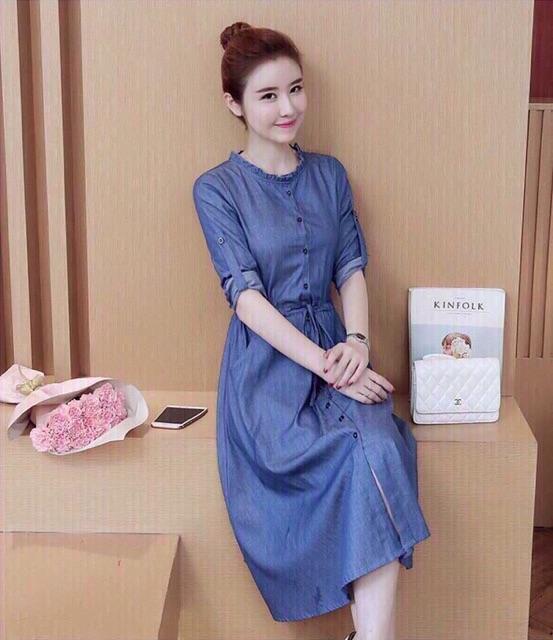 Đầm jean denim cotton xoè rút eo S.ML