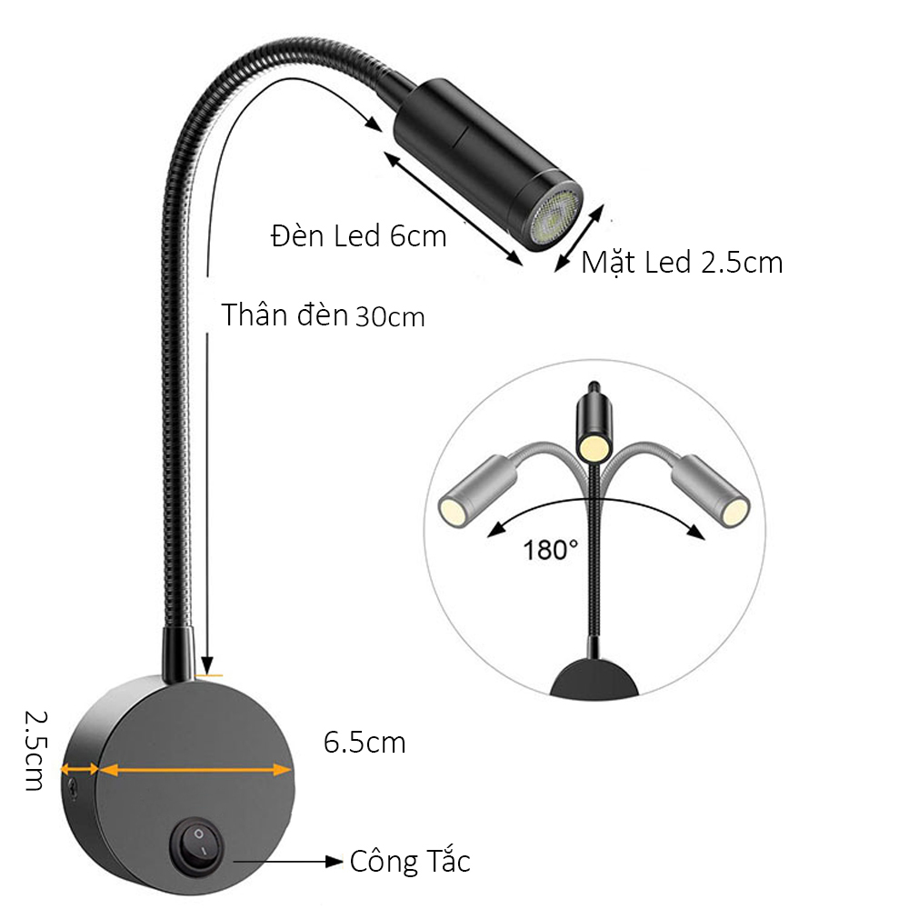 Đèn đọc sách đầu giường LED 3W, Loại gắn tường, Ánh sáng chiếu rọi điểm