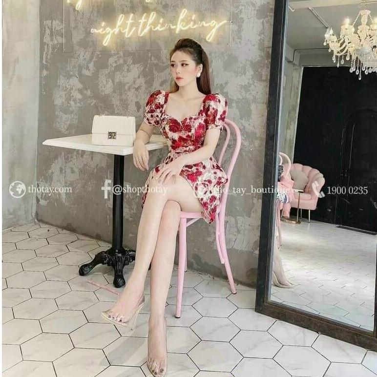 Đầm xoè cổ tim hoạ tiết hoa tay phồng