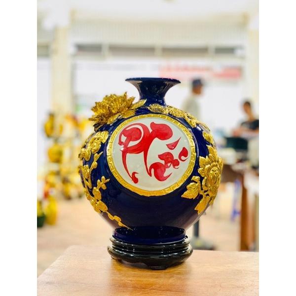 Bình hút tài Lộc H28cm, họa tiết đắp- dát vàng kim. Gốm sứ Bát Tràng cao cấp.
