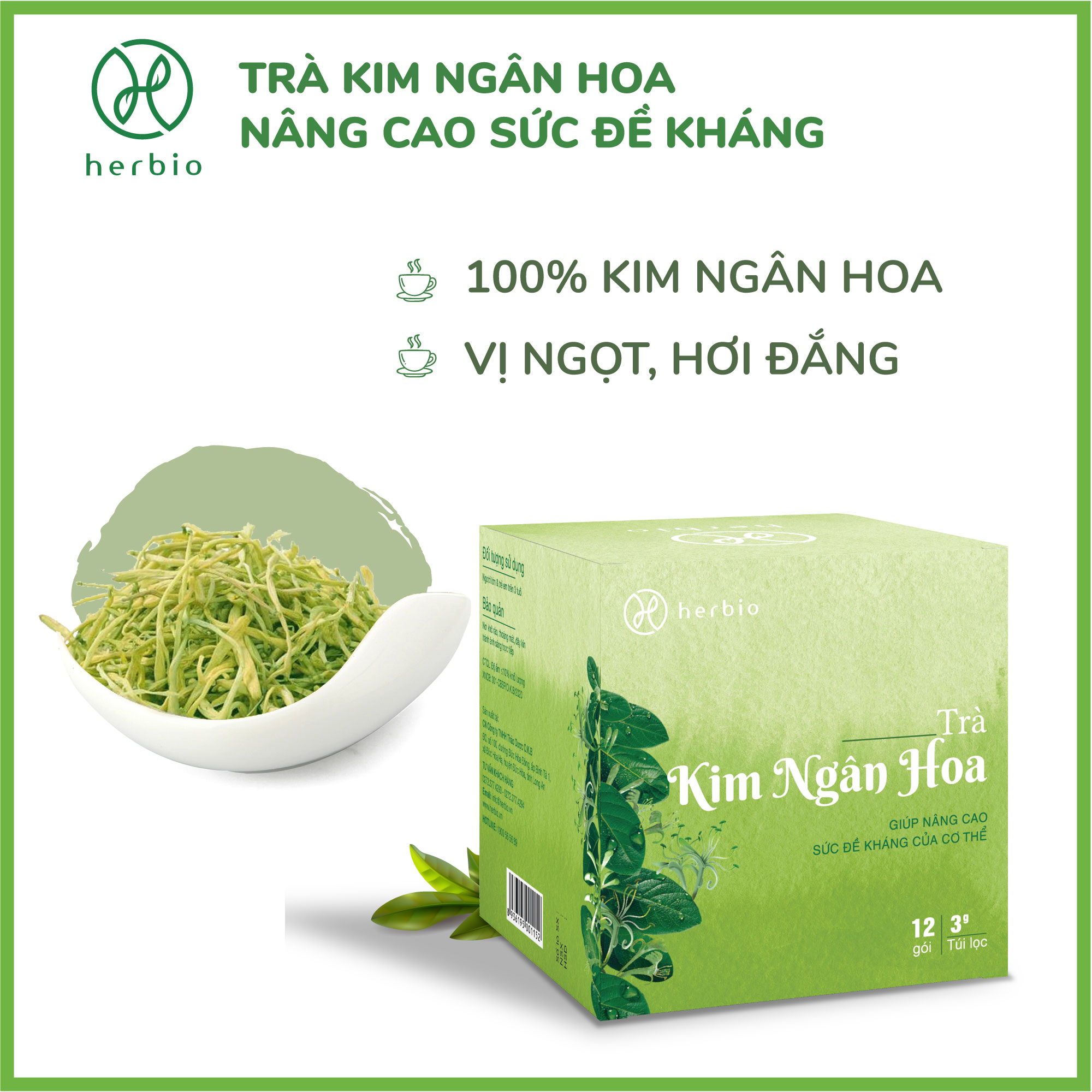 TRÀ THẢO DƯỢC TÚI LỌC KIM NGÂN HOA HERBIO - thơm tự nhiên, giúp kháng khuẩn, kháng vi rút, chống viêm, giải nhiệt, nâng cao sức đề kháng - hộp 12 gói x 3gr