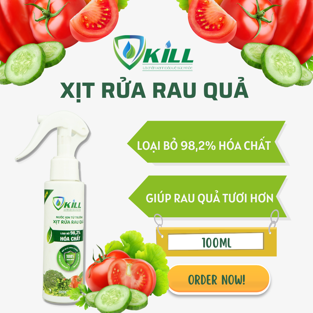 Nước rửa rau củ thực quả phẩm tươi sống Vkill 100ml an toàn khử khuẩn nhanh với ion từ trường công nghệ Nhật Bản