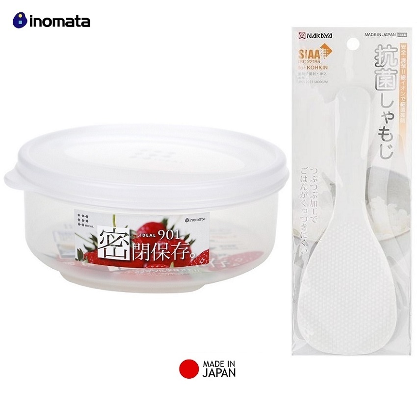 Combo Hộp Nhựa Tròn Nắp Dẻo Bảo Quản Thực Phẩm + Muôi Nhựa Xới Cơm An Toàn - Nội Địa Nhật Bản