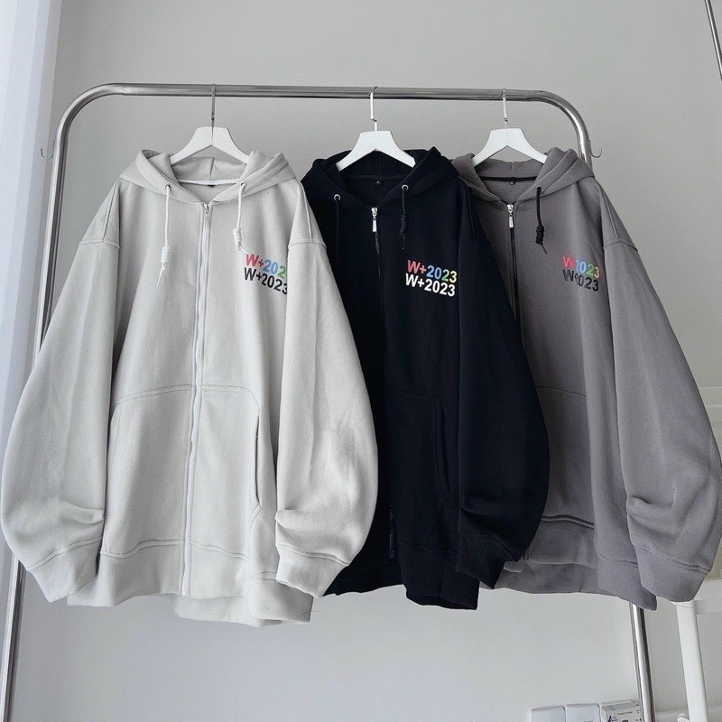 Áo khoác nam nữ Hoodie nỉ trơn Basic in chữ W+2023 form rộng khóa kéo có mũ Ulzzang giá rẻ couple