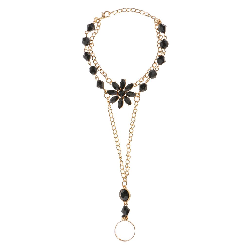 Black Rhinestone Hand Harness Bracelet Gold Slave Chain Link Finger