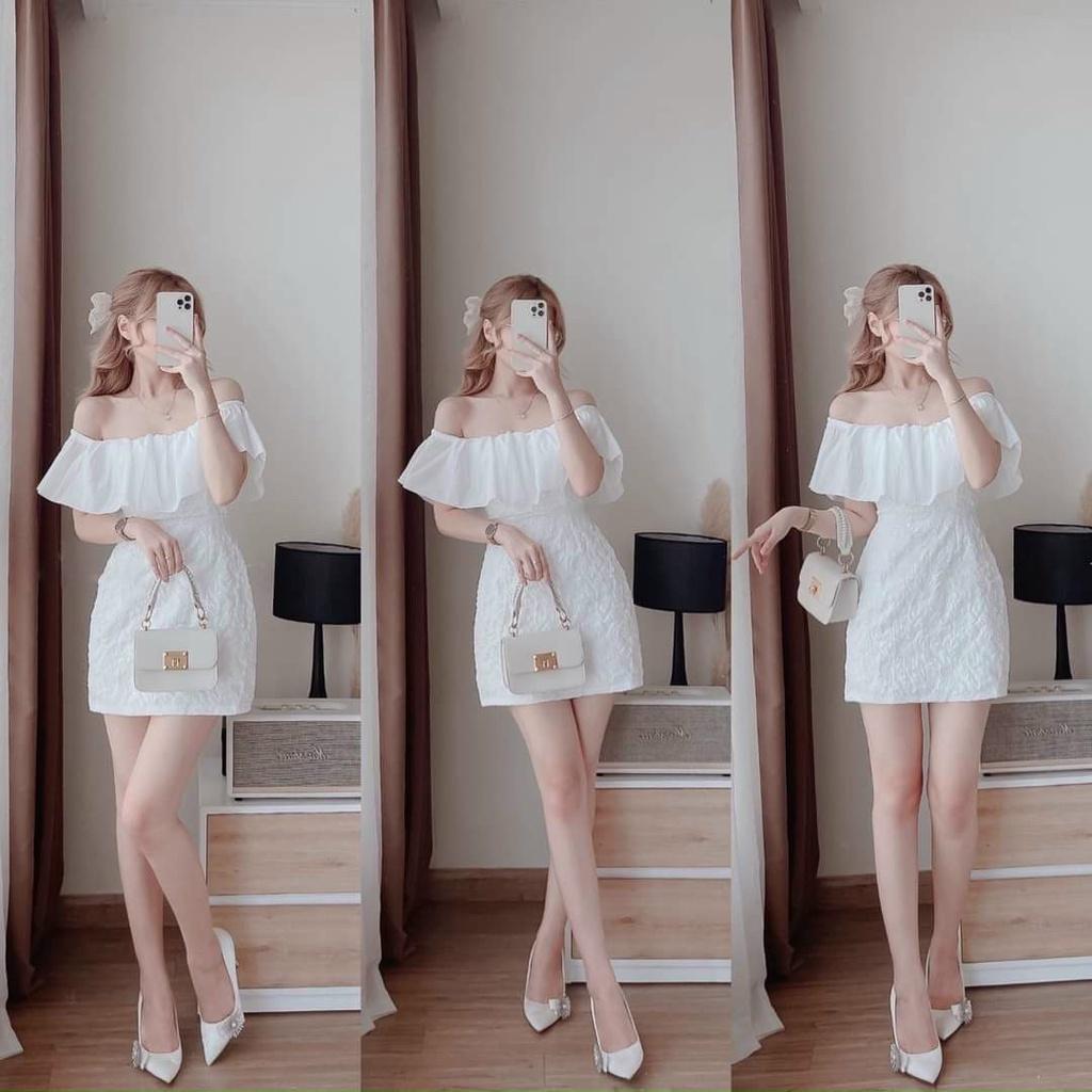 Váy đầm nữ body màu trắng trễ vai phối bèo voan
