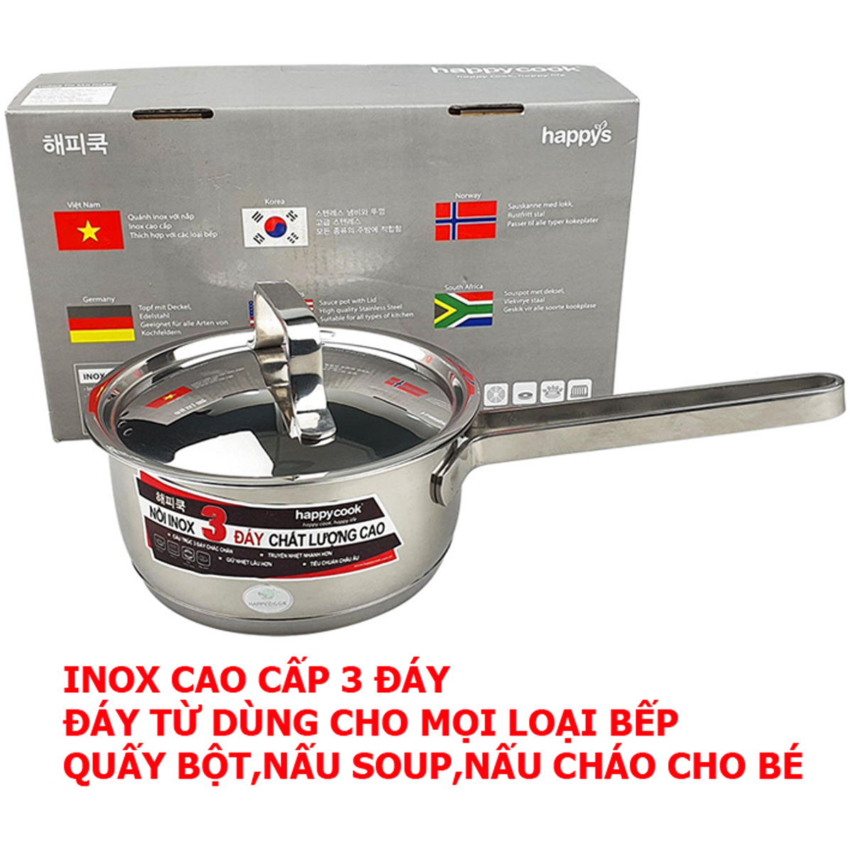 Quánh Đáy Từ Inox 3 Đáy 16cm Happy Cook Sử Dụng Cho Mọi Loại Bếp Dùng Quấy Bột,Nấu Soup,Nấu Cháo Cho Bé-Hàng Chính Hãng