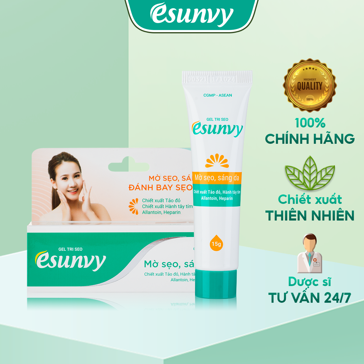 Gel Mờ Sẹo Esunvy Thành Phần Tự Nhiên Làm Giảm Các Vết Thâm, Cải Thiện Da Giúp Giữa Ẩm Tuýp 15g TMP015