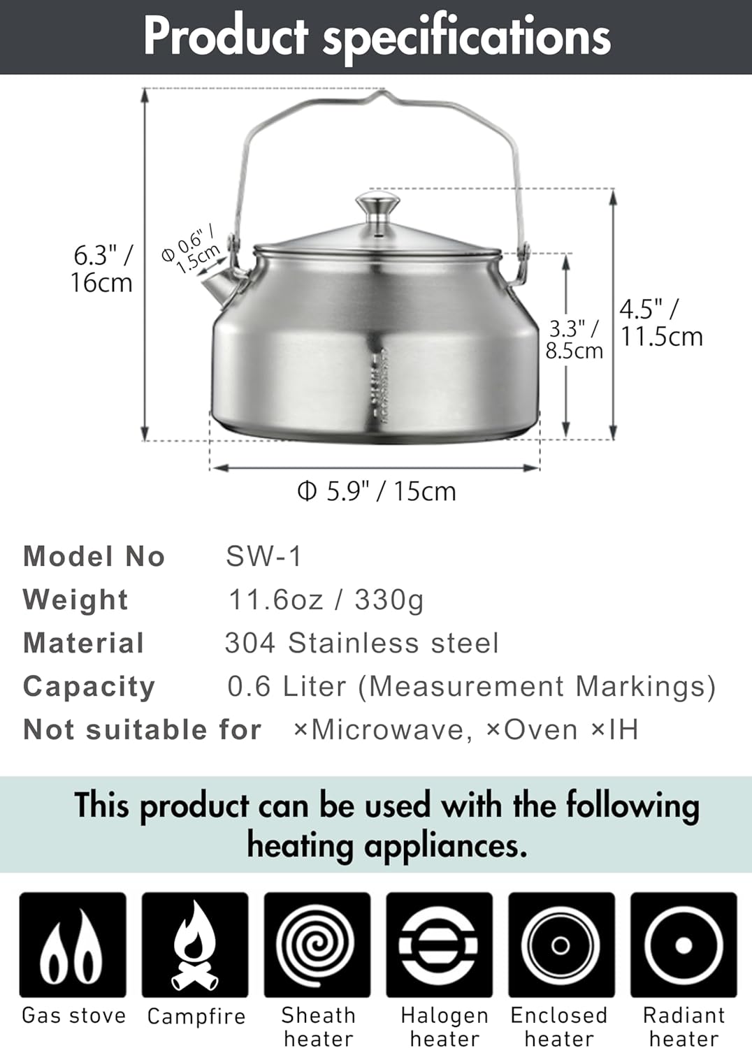 Ấm đun nước bằng thép không gỉ Campingmoon SW-1 (1 lít)