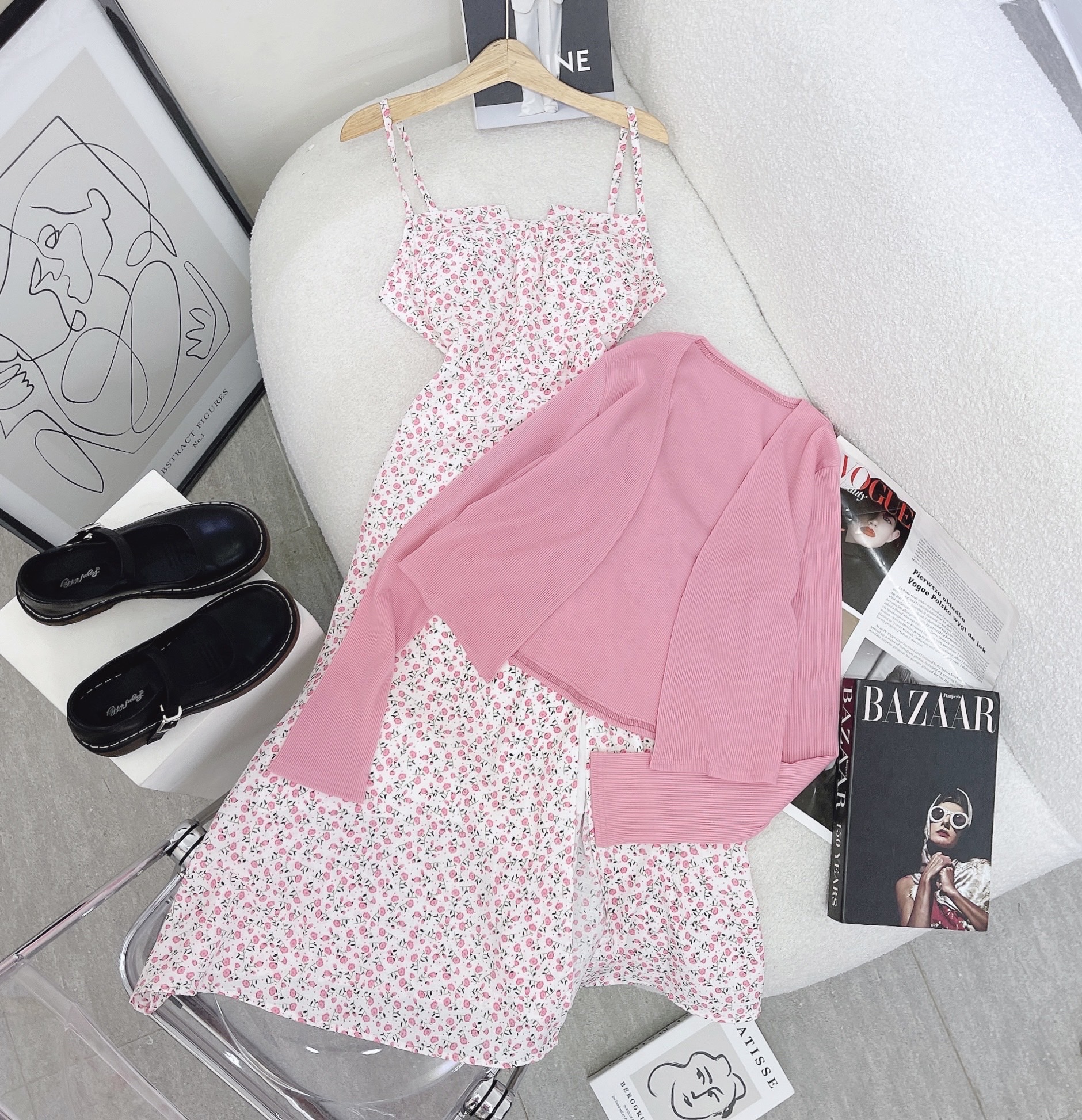 Set đầm 2 dây midi kèm áo khoác hồng dễ thương - Rossy Fashion