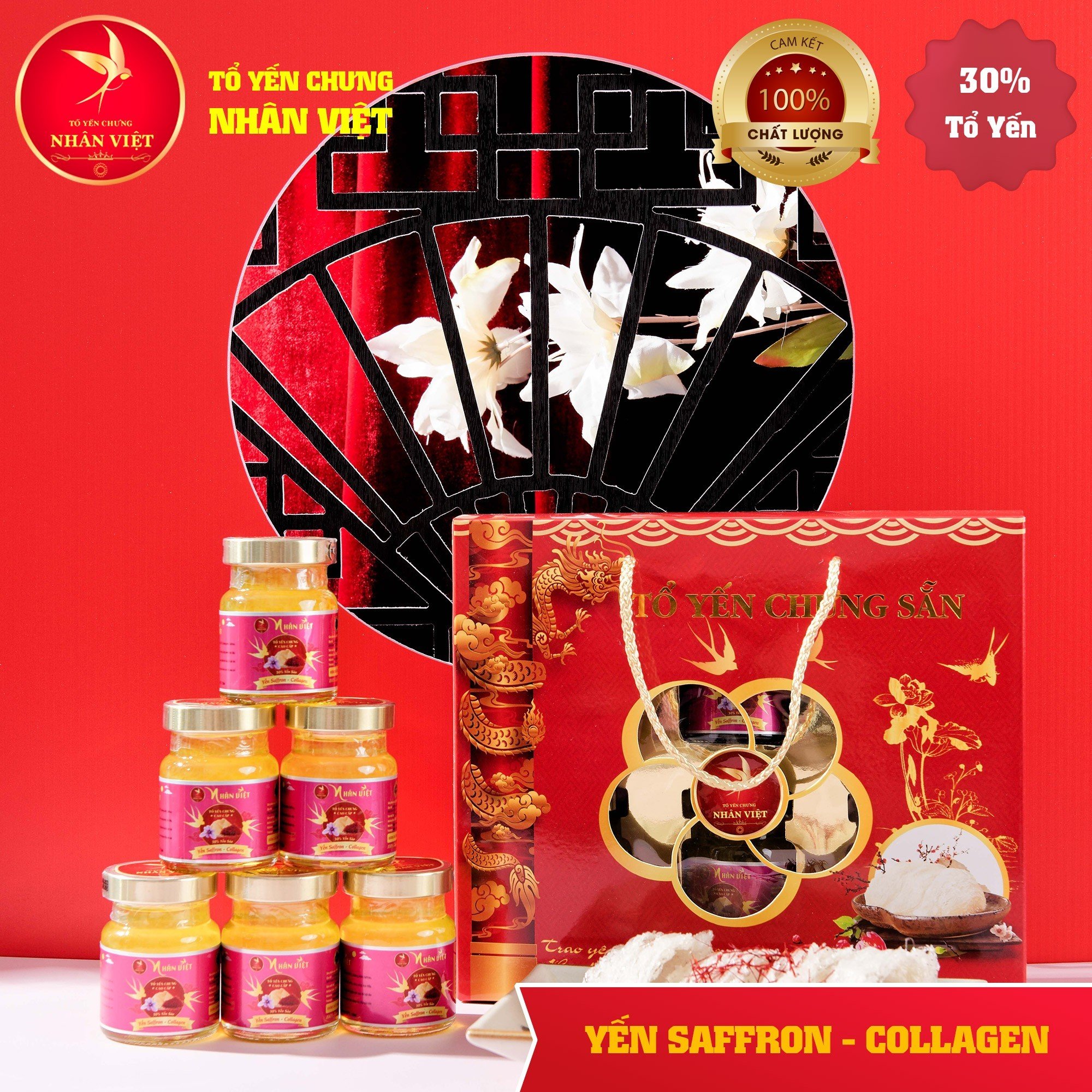 Hộp Quà 6 Hũ Yến Sào Chưng Saffron Collagen Nhân Việt 30% Yến Hũ 70ml