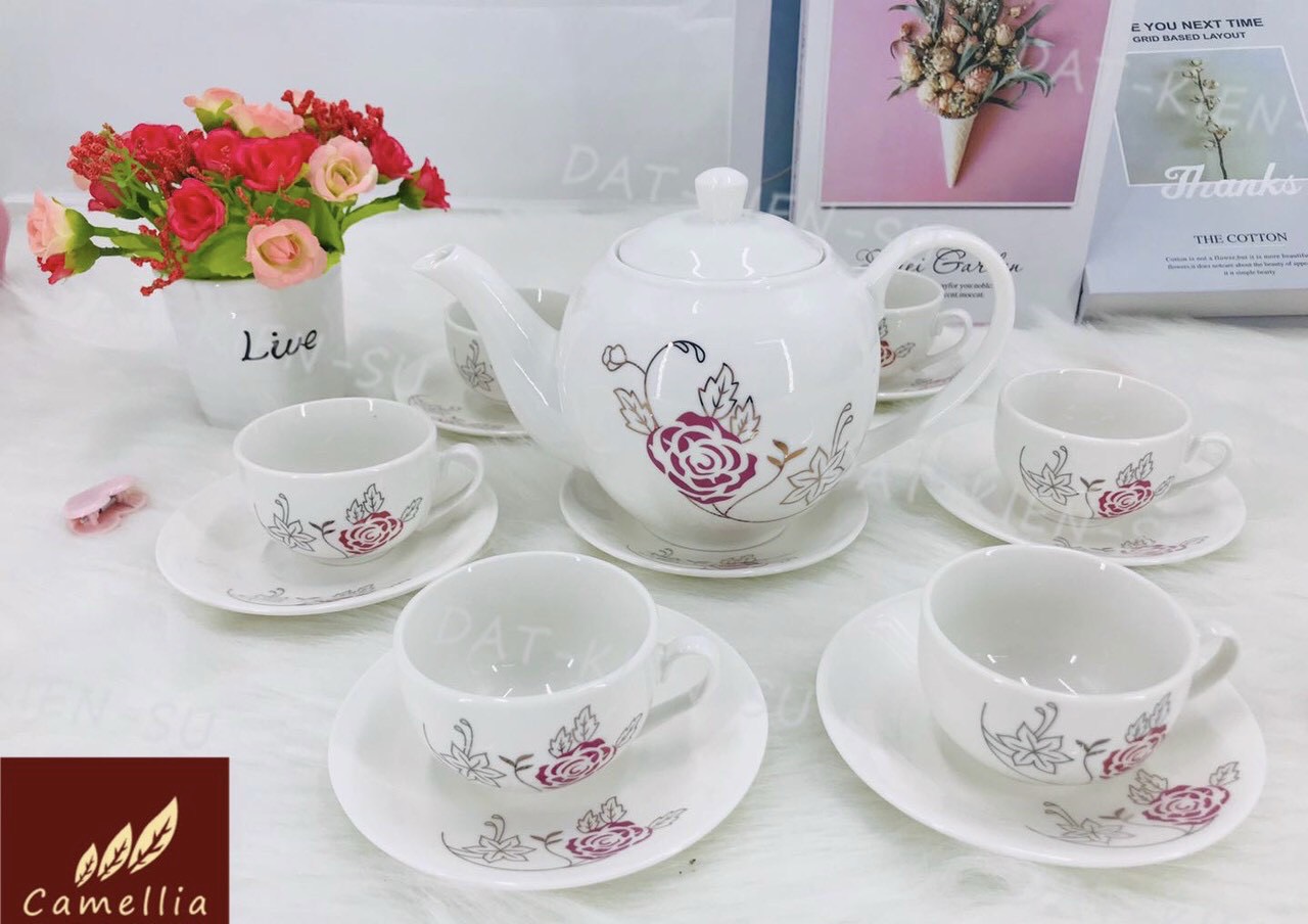 Bộ cốc chén phà trà sứ camelia kèm 7 đĩa lót tách trắng họa tiết hoa hồng - ANTH463