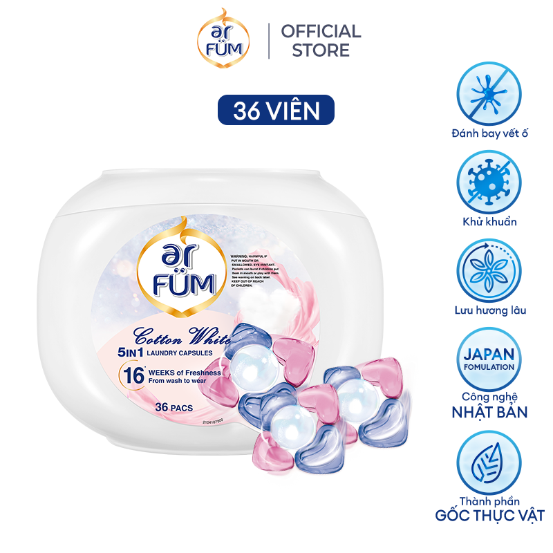 Viên giặt xả arFUM 5 trong 1 MỚI, tinh dầu nước hóa lưu hương lâu 16 tuần, khử khuẩn 99% - (36 viên/Hộp)