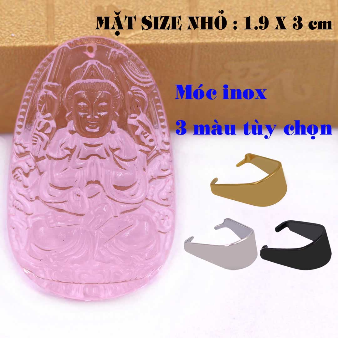 Mặt Phật Quan âm nghìn tay nghìn mắt pha lê hồng 1.9cm x 3cm  kèm móc inox vàng, Mặt dây chuyền Quan âm bồ tát