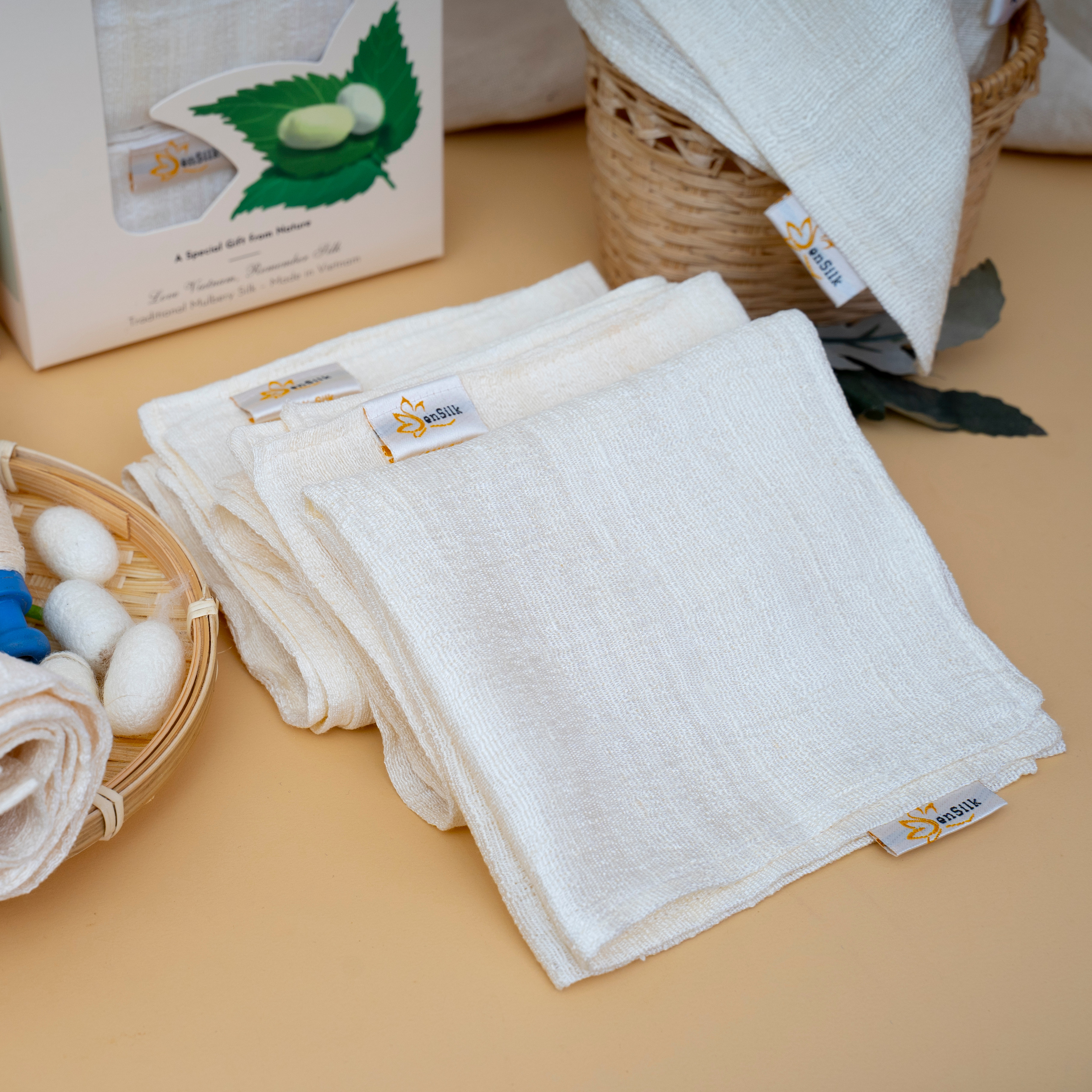 Khăn Mặt Tơ Tằm Cao Cấp SenSilk – Combo Full House 4 Khăn - Silk Towel made in Vietnam 40*30cm - Quà Tặng khách nước ngoài