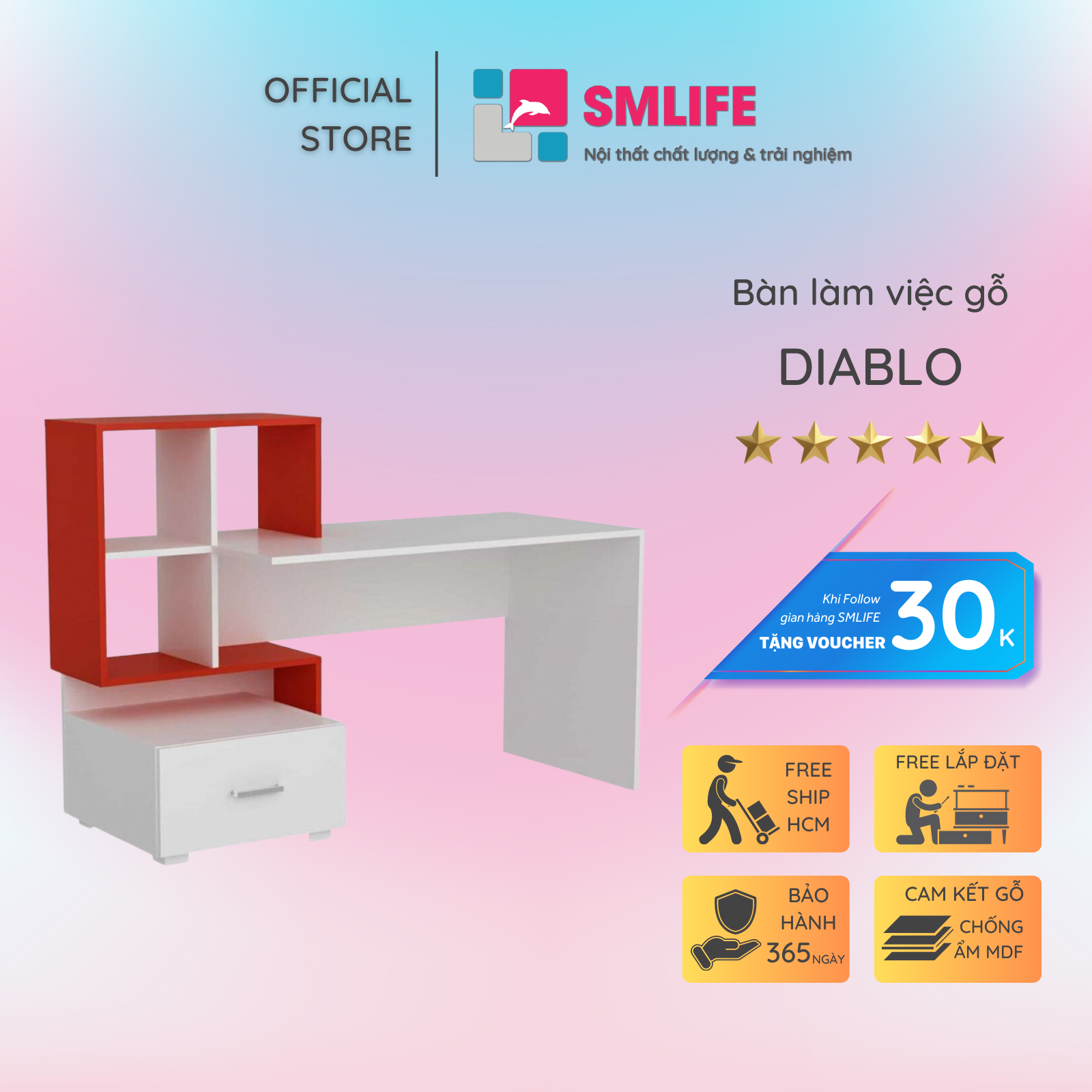 Bàn làm việc, bàn học gỗ hiện đại SMLIFE Diablo | Gỗ MDF dày 17mm chống ẩm | D148.5xR60xC105cm