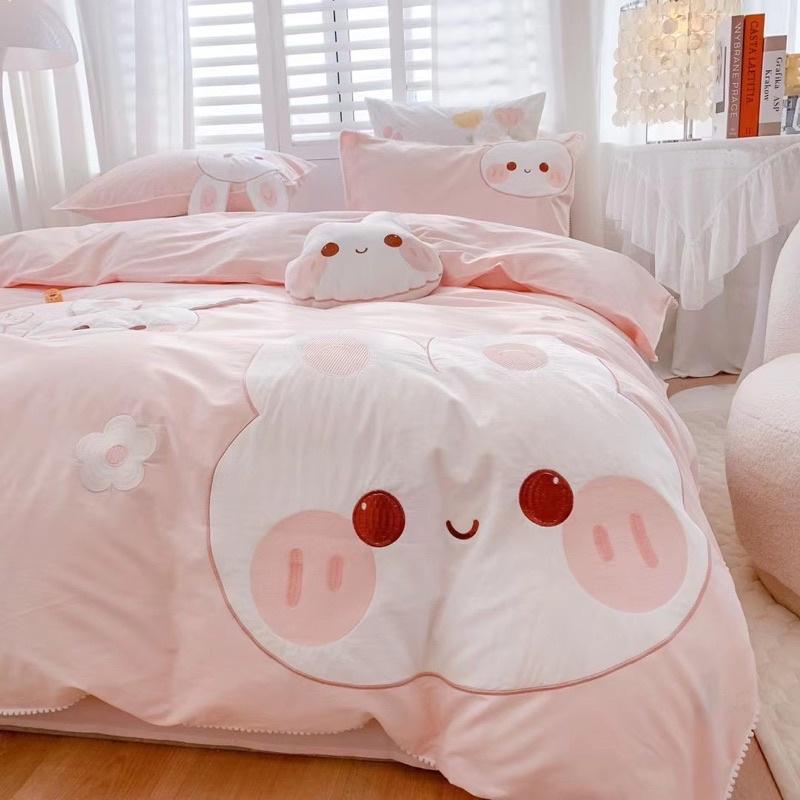 Bộ Chăn Ga Gối Côtton Linen Disney Hàng Nhập Khẩu Cao Cấp 5 Món Mẫu Thỏ hồng