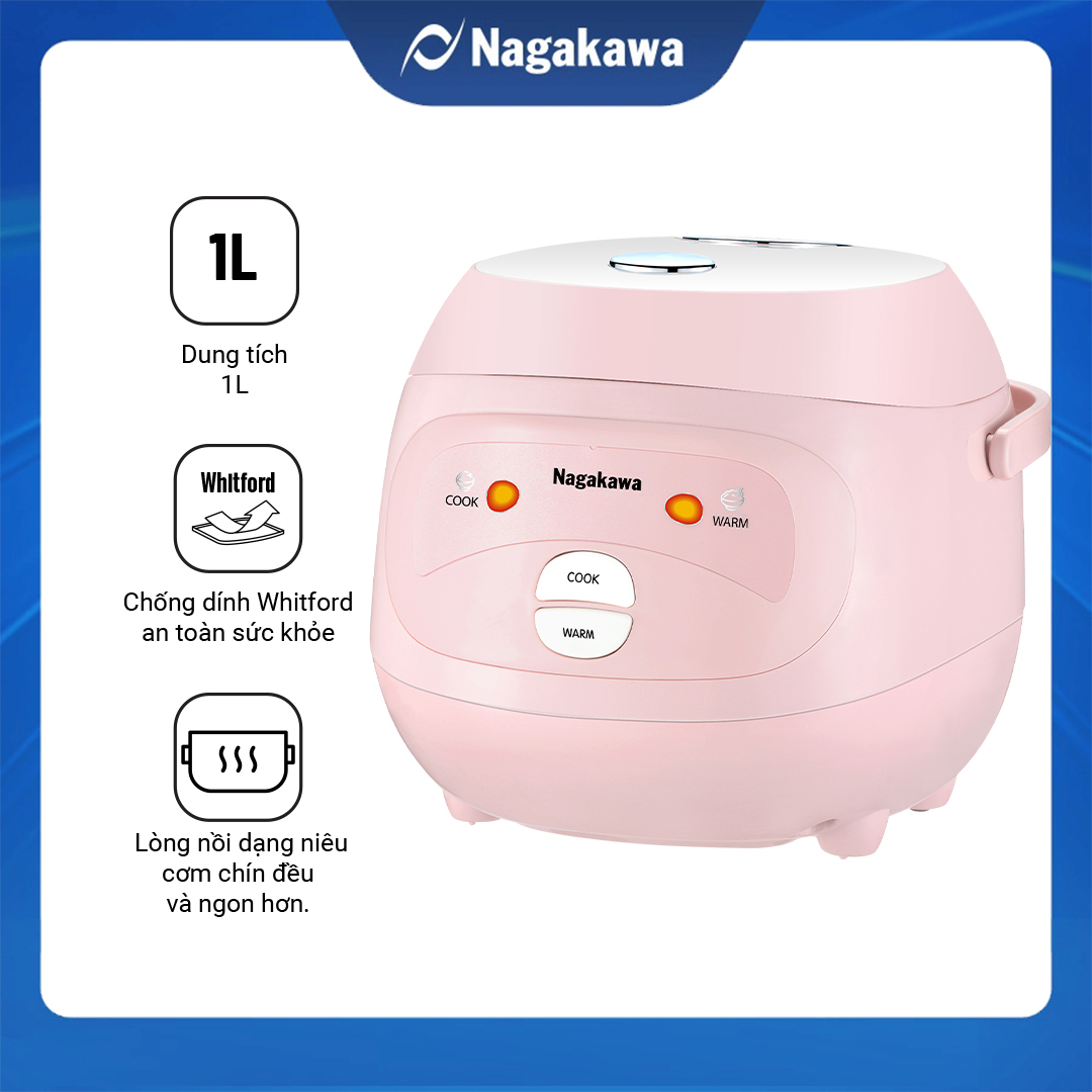Nồi Cơm Điện Mini Nagakawa NAG0134 Hồng Trắng - Lòng niêu chống dính- 400W-1L - Hàng Chính Hãng