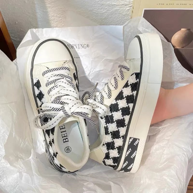 Giày thể thao nữ vải dạ kẻ caro, giày sneaker học sinh mẫu mới