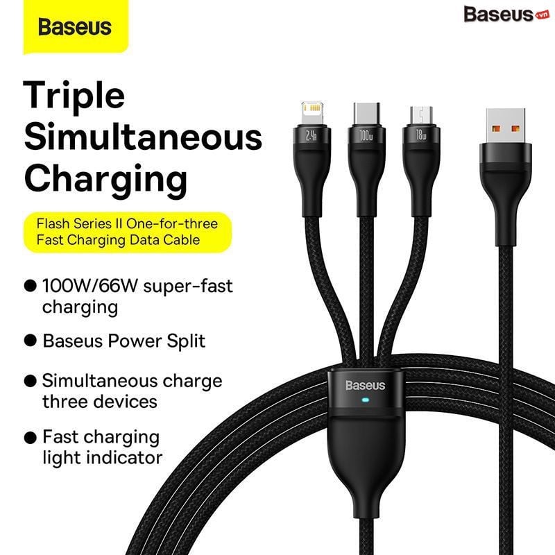 Cáp sạc nhanh 3in1 Baseus Flash Series Ⅱ One-for-three Fast Charging Data Cable USB to M+L+C 100W CASS030001- Hàng chính hãng