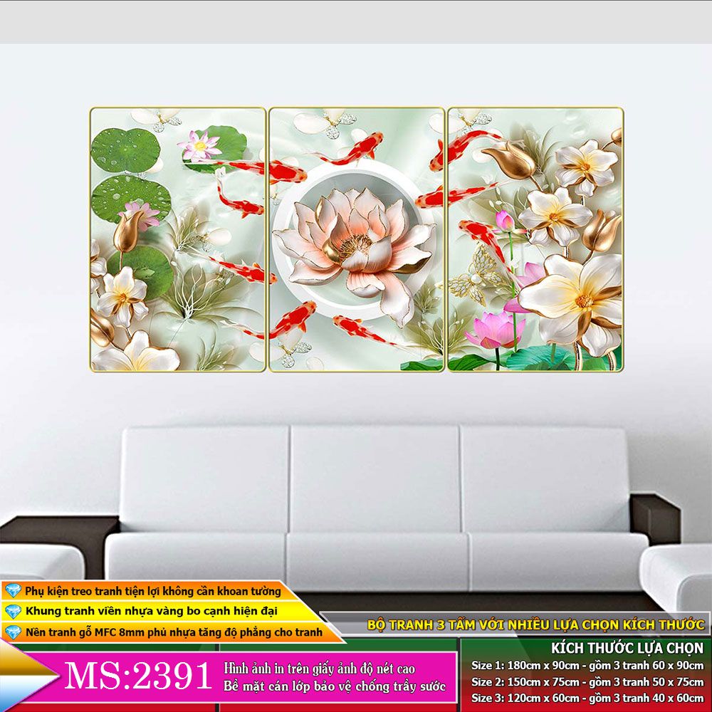 Bộ tranh treo tường 3 tấm- cửu ngư quần hội - Cá chép hoa sen:  2391L10