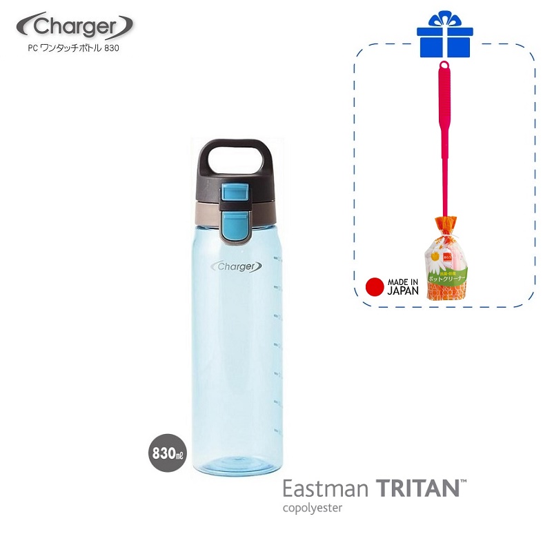 Combo bình nước Tritan Charger 830ml tặng dụng cụ rửa chai lọ chuyên dụng Antibacterial hàng nội địa Nhật Bản