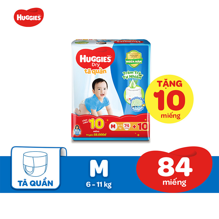 Tã Quần Huggies Dry Tràm Trà Tự Nhiên Gói Cực Đại M74 (74 miếng) + Tặng 10 miếng