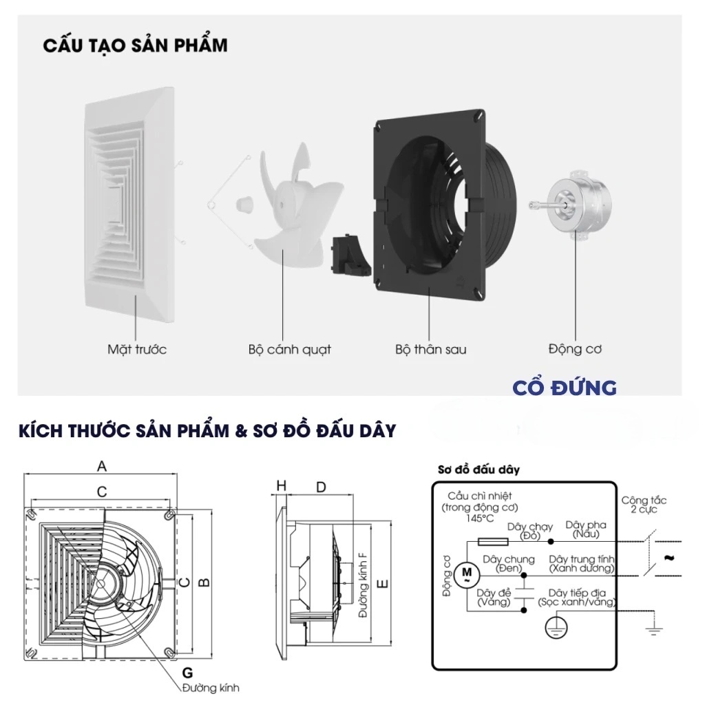 Quạt hút thông gió âm trần Rạng Đông QHAT01 cổ đứng, cổ ngang, động cơ bền bỉ - Hàng chính hãng
