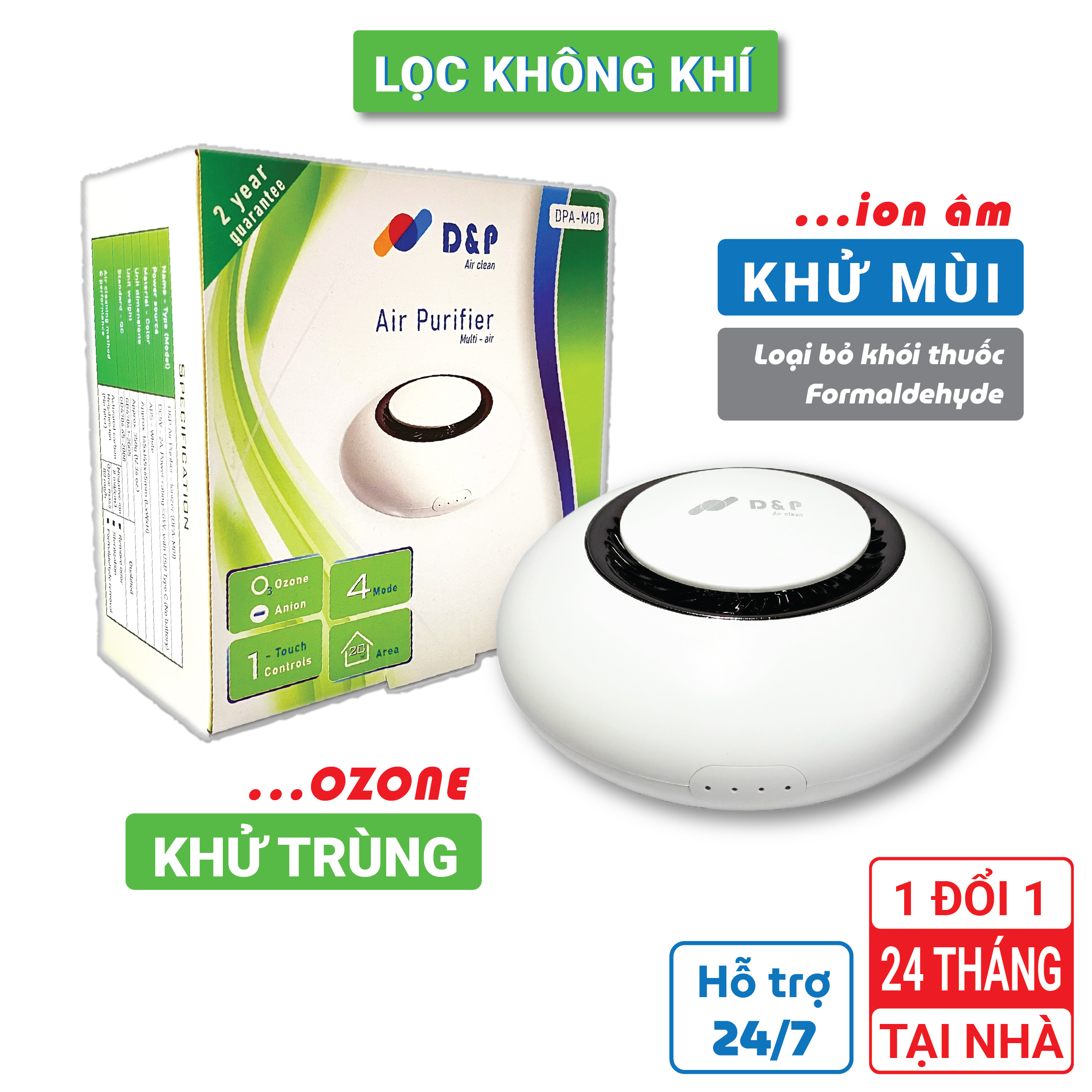 Máy Lọc Không Khí Ion âm + Ozon Khử Trùng, Khử Mùi, Lọc Không Khí, 4 Chế Độ Thông Minh,