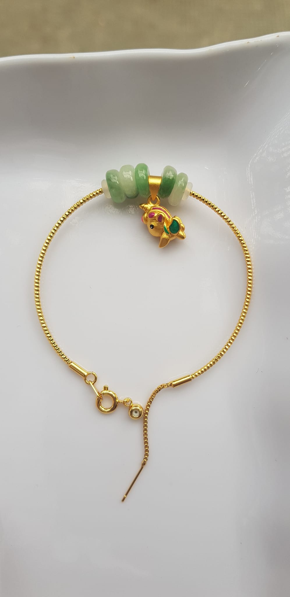 Vòng Tay charm xinh đẹp 5 đồng tiền đá cẩm thạch tự nhiên Đồng tiền Xanh ngọc trắng phối charm chú dê nhỏ may mắn Vòng màu vàng khoen rút xinh Nữ đeo dễ thương ạ