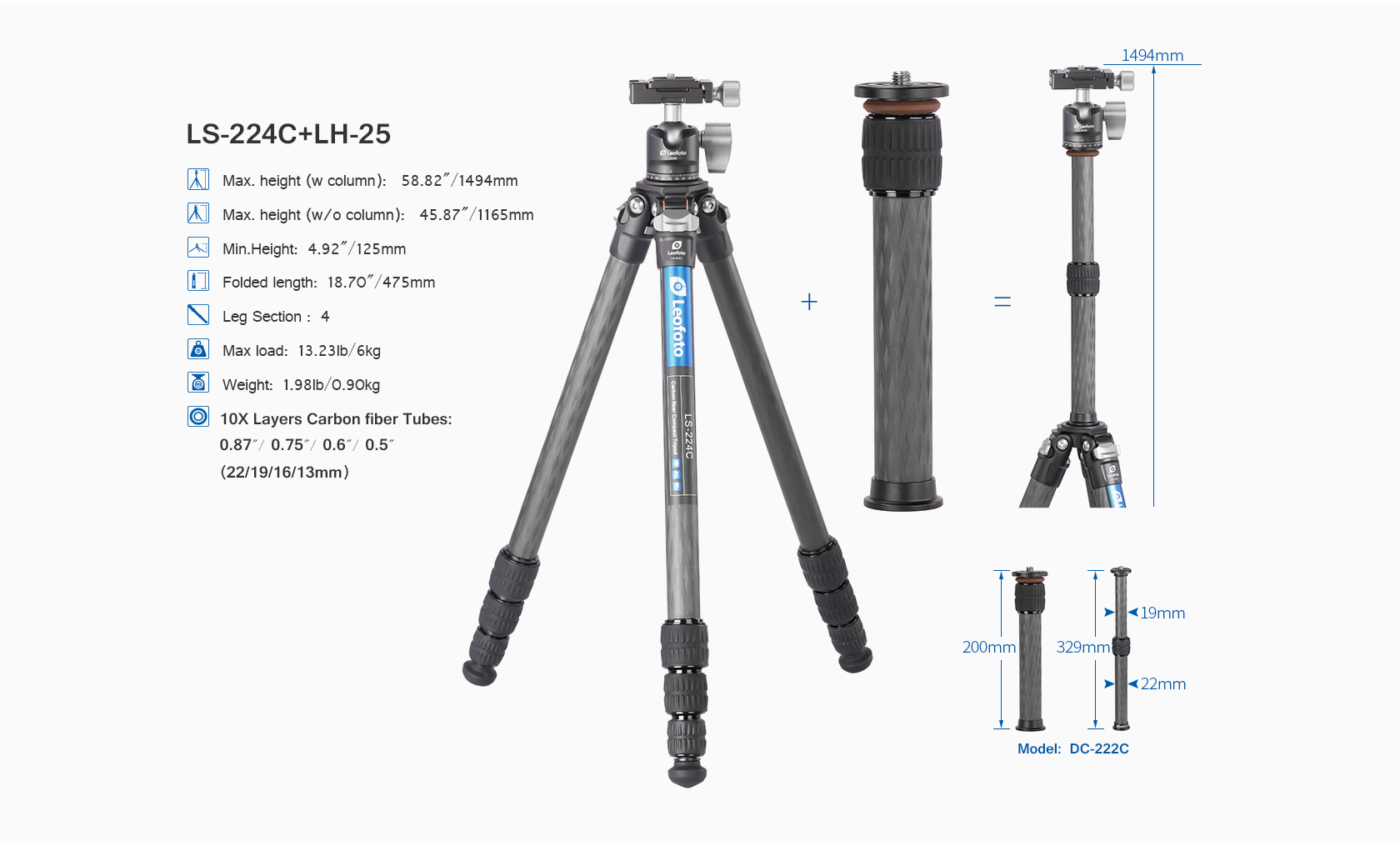 Chân máy ảnh Tripod Leofoto Mr.Y - LY-224C+LH-25R Màu đen - Hàng chính hãng